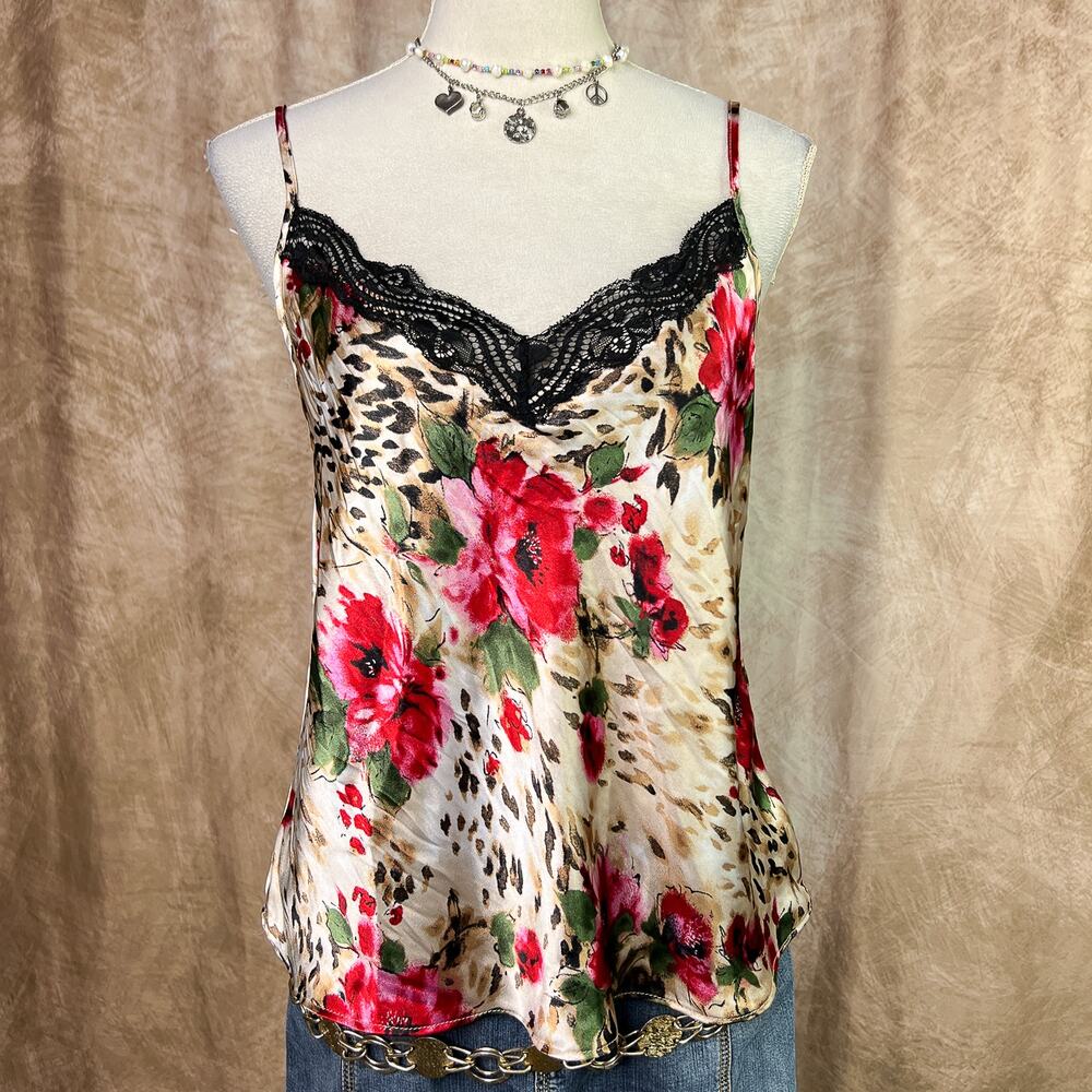 Vintage Satin Cami Tank Top Floral Animal Print Lace Trim Babydoll V Neck Euro